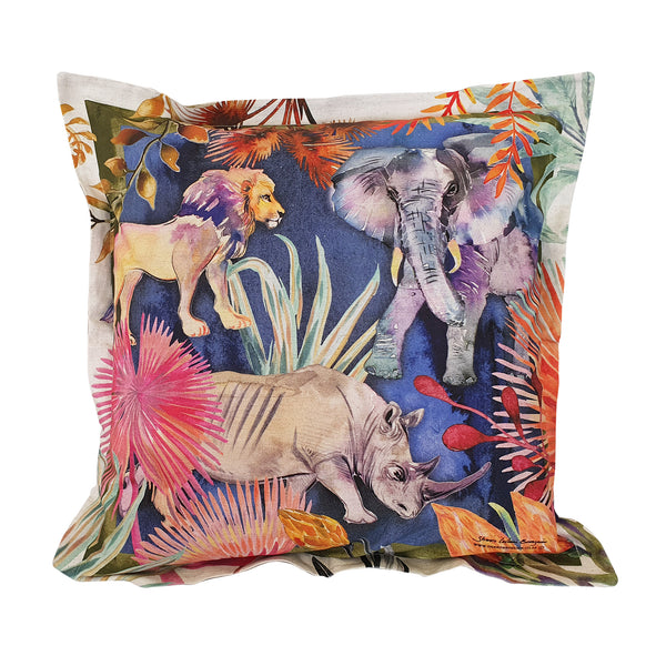 Wildlife with Elephant Cushion Cover, Standard, Cotton-Linen Blend