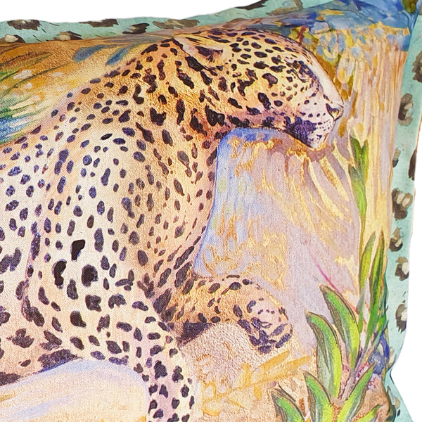Gold Leopard Cushion Cover, Cotton-linen blend with spot trim