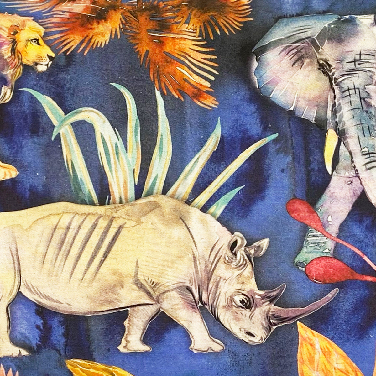 Wildlife with Elephant Cushion Cover, Large, Cotton-linen blend